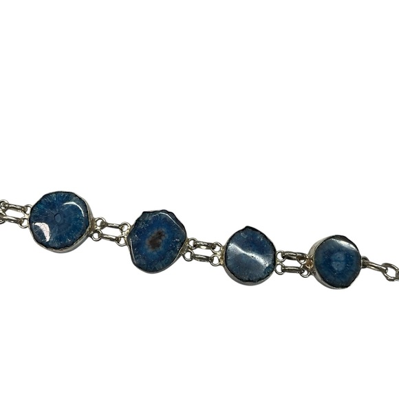 Sterling Silver 925 Blue Agate Druzy Slice Adjustable Toogle Clasp Bracelet - Picture 5 of 13